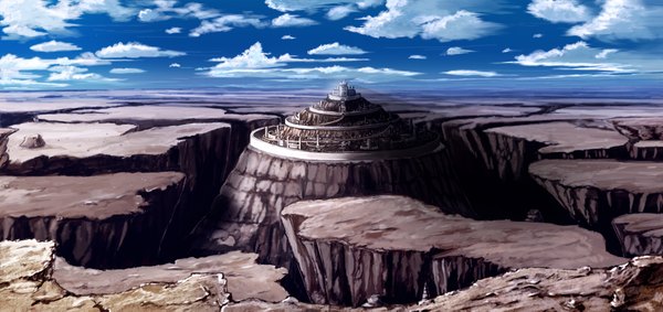 Anime picture 3840x1814 with original soyokaze highres wide image sky cloud (clouds) mountain landscape wall castle