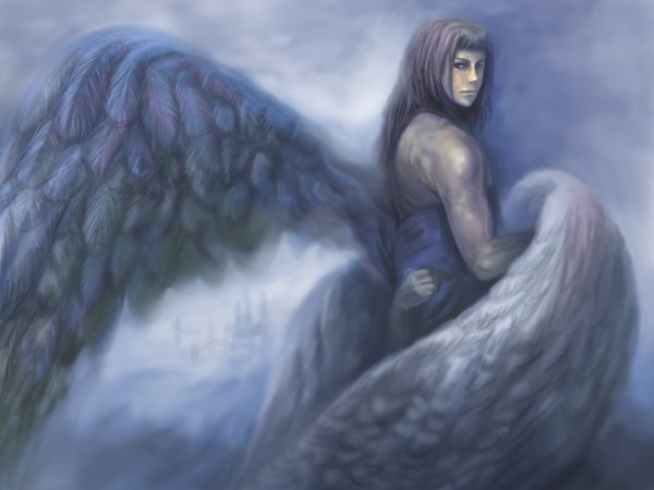 Anime picture 1024x768 with original occult soda long hair bare shoulders brown eyes purple hair looking back muscle angel wings boy