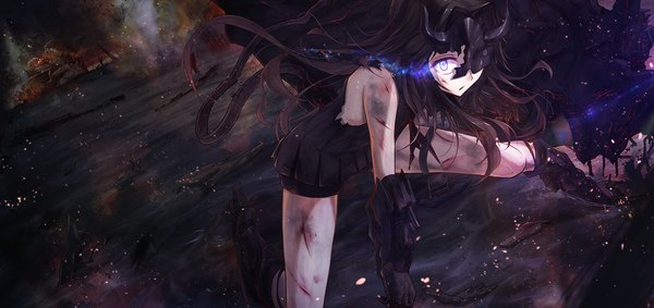 Anime picture 1600x756 with kantai collection light cruiser hime bae.c single long hair looking at viewer black hair wide image outdoors night torn clothes glowing glowing eye (eyes) pale skin injury cuts girl gloves black gloves shorts