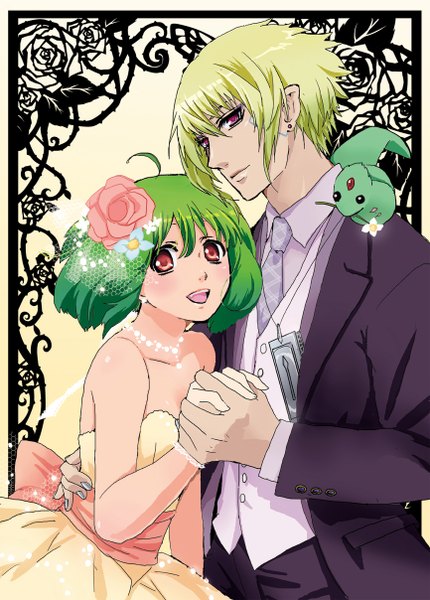 Anime picture 866x1208 with macross macross frontier ranka lee brera sterne tall image short hair simple background blonde hair red eyes bare shoulders hair flower green hair sleeveless couple hug holding hands yellow background girl dress boy