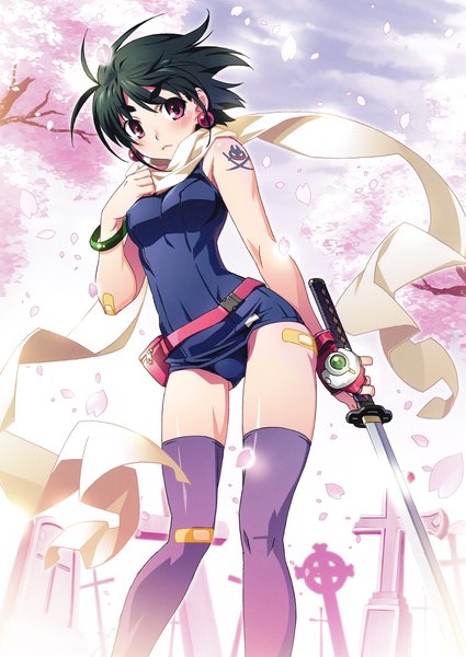 Anime picture 2175x3067 with original eshi 100-nin ten watanabe akio single tall image blush highres short hair light erotic black hair red eyes tattoo cherry blossoms girl thighhighs weapon swimsuit petals sword scarf
