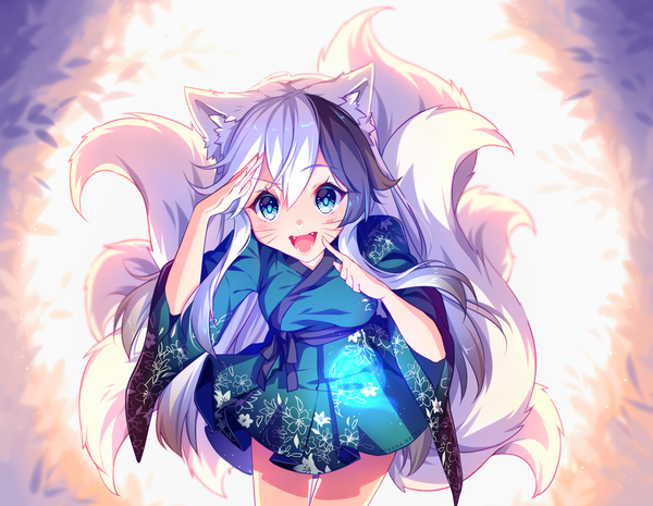 Anime picture 1600x1242 with original hyanna-natsu single long hair looking at viewer fringe breasts open mouth blue eyes black hair smile hair between eyes standing animal ears white hair tail traditional clothes :d japanese clothes animal tail