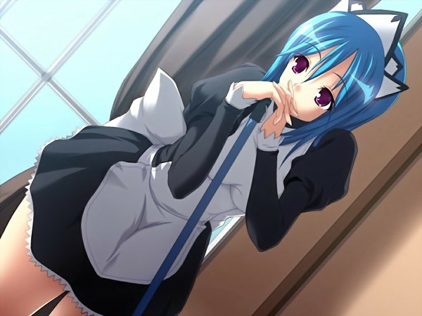 Anime picture 1024x768 with konya no okazu wa range de marine (game) purple eyes blue hair game cg maid girl