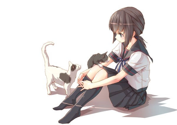 Anime picture 1000x707 with kantai collection fubuki destroyer haiiro long hair fringe simple background brown hair white background brown eyes bent knee (knees) ponytail pleated skirt no shoes hug girl skirt uniform animal socks serafuku