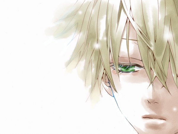 Anime picture 1024x768 with vocaloid kagamine len hakuseki single fringe short hair simple background blonde hair hair between eyes white background green eyes portrait snowing face sad boy