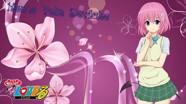 Anime picture 1366x768 with toloveru xebec momo velia deviluke single short hair wide image purple eyes pink hair pink background demon tail girl flower (flowers) serafuku bowtie sweater