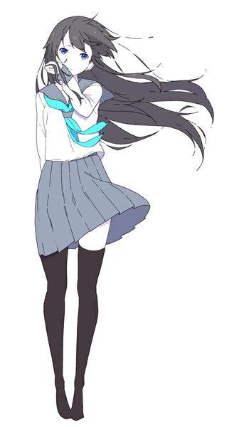 Anime picture 560x1000 with original natuich single long hair tall image looking at viewer fringe blue eyes black hair simple background white background pleated skirt wind adjusting hair girl thighhighs skirt uniform black thighhighs serafuku