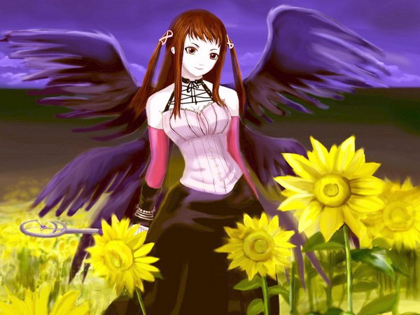 Anime picture 1024x768 with rosario+vampire toujou ruby flower (flowers) wings tagme