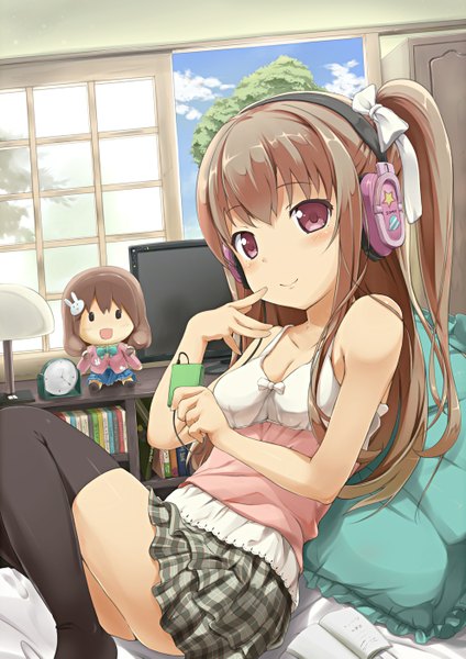 Anime picture 992x1403 with original kotobamaru single long hair tall image looking at viewer blush smile brown hair purple eyes bare shoulders finger to mouth girl thighhighs skirt bow black thighhighs hair bow headphones pillow
