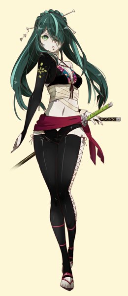 Anime picture 441x1016 with vocaloid knife (vocaloid) hatsune miku chima tsuitta single long hair tall image looking at viewer open mouth simple background green eyes parted lips green hair midriff walking yellow background girl navel flower (flowers) bow