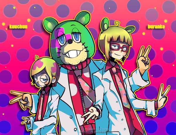 Anime picture 2104x1612 with kuuchuu buranko toei animation irabu ichiro m-chi (artist) highres short hair blue eyes blonde hair smile animal ears ahoge victory multiple persona mouse ears mouse costume boy glasses necktie labcoat mouse