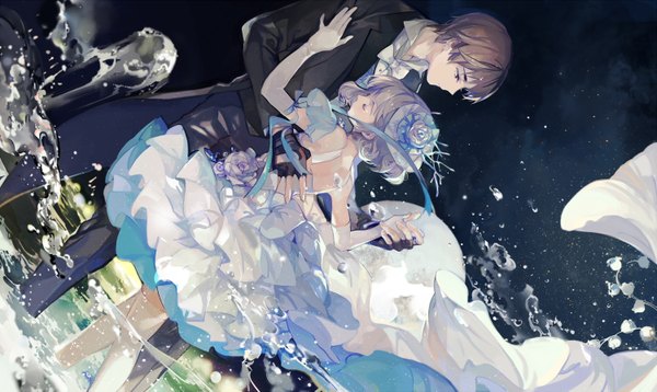 Anime picture 1500x897 with nineo short hair brown hair wide image bare shoulders looking away eyes closed night bare legs night sky holding hands dancing girl dress boy gloves flower (flowers) bow ribbon (ribbons) water