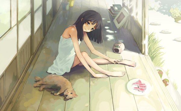Anime picture 1600x981 with original kuchibiru (lipblue) long hair black hair wide image sitting bare shoulders barefoot black eyes girl book (books) cat sundress