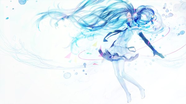 Anime picture 1920x1080 with vocaloid hatsune miku 72 (nananatsu) single long hair highres wide image bare shoulders blue hair eyes closed very long hair girl dress gloves necktie elbow gloves headphones thigh boots wire (wires)