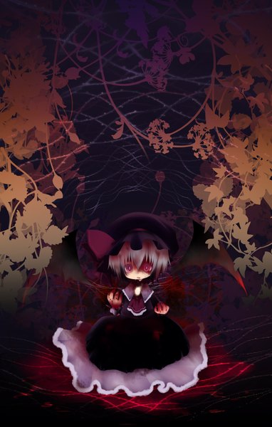 Anime picture 1276x2000 with touhou remilia scarlet fujisaki hikari single tall image short hair red eyes grey hair bat wings girl dress flower (flowers) bow hat blood