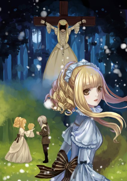 Anime picture 1000x1414 with sound horizon monogo long hair tall image open mouth blonde hair multiple girls brown eyes snowing girl dress boy bow plant (plants) tree (trees) hairband 3 girls