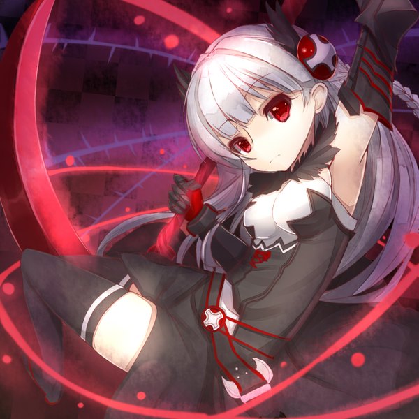 Anime picture 2893x2893 with if (asita) single long hair looking at viewer fringe highres red eyes white hair braid (braids) twin braids close-up valkyrie girl thighhighs dress gloves black thighhighs black gloves elbow gloves black dress