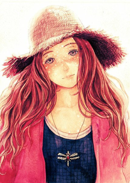 Anime picture 800x1121 with original nhienan single long hair tall image looking at viewer red eyes red hair freckles girl hat pendant straw hat