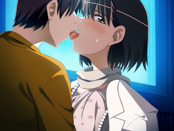 Anime picture 800x600 with green green tagme (artist) looking at viewer blush short hair light erotic black hair brown eyes game cg profile hand on chest saliva kiss french kiss girl boy window tongue scarf beads
