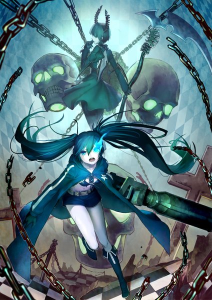 Anime picture 1860x2631 with black rock shooter black rock shooter (character) dead master black gold saw effier kyo (artist) long hair tall image looking at viewer highres short hair open mouth blue eyes smile standing twintails multiple girls green eyes blue hair cleavage horn (horns)