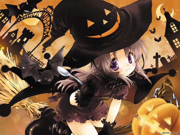 Anime picture 1600x1200 with hanihani: operation sanctuary nonohara yui single long hair looking at viewer blush halloween witch girl hat moon witch hat vegetables jack-o'-lantern bat pumpkin augustic pieces
