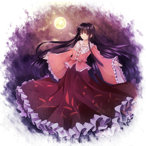 Anime picture 1700x1692 with touhou houraisan kaguya koyuri shouyu single long hair looking at viewer black hair yellow eyes night sky girl dress bow frills moon