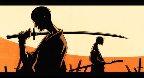 Anime picture 815x443 with bleach samurai champloo studio pierrot madarame ikkaku ayasegawa yumichika yukin (es) short hair wide image standing traditional clothes japanese clothes profile multiple boys letterboxed silhouette parody weapon over shoulder bald boy weapon