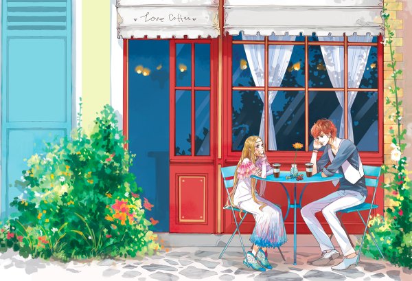 Anime picture 1200x819 with daisy (artist) long hair short hair blonde hair brown hair sitting brown eyes red hair inscription grey eyes couple face to face street girl boy flower (flowers) plant (plants) earrings bracelet window