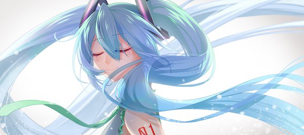 Anime picture 1229x547 with vocaloid hatsune miku cross akiha single fringe simple background smile hair between eyes wide image twintails upper body eyes closed very long hair aqua hair floating hair girl hair ornament