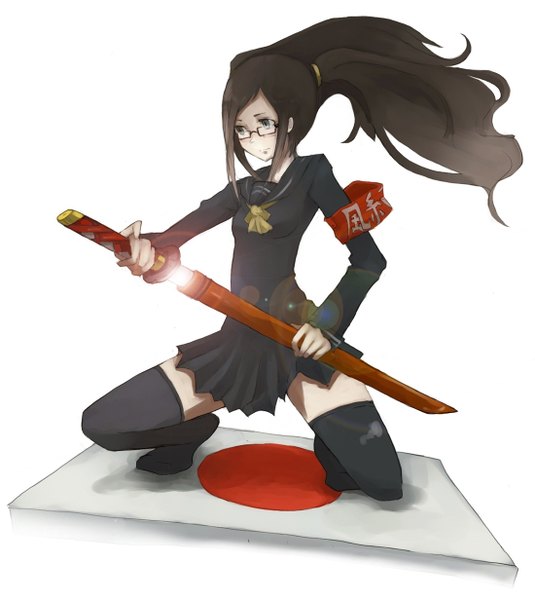 Anime picture 1099x1232 with original tansuke single long hair tall image simple background brown hair white background brown eyes kneeling squat unsheathing girl thighhighs uniform weapon school uniform sword glasses katana
