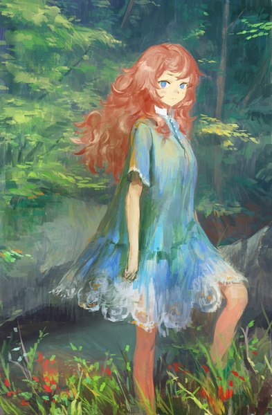 Anime picture 671x1024 with original arata yokoyama single long hair tall image looking at viewer blue eyes brown hair outdoors girl dress flower (flowers) plant (plants) tree (trees)