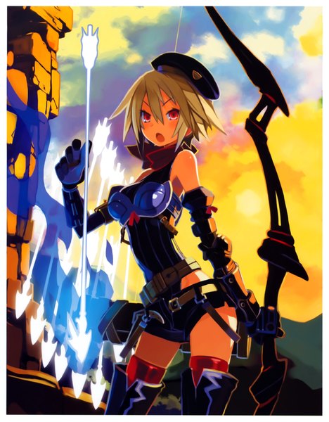 Anime picture 4208x5388 with million arthur (series) kaku-san-sei million arthur square enix harada takehito single tall image highres short hair open mouth blonde hair red eyes absurdres scan girl gloves weapon elbow gloves shorts belt beret