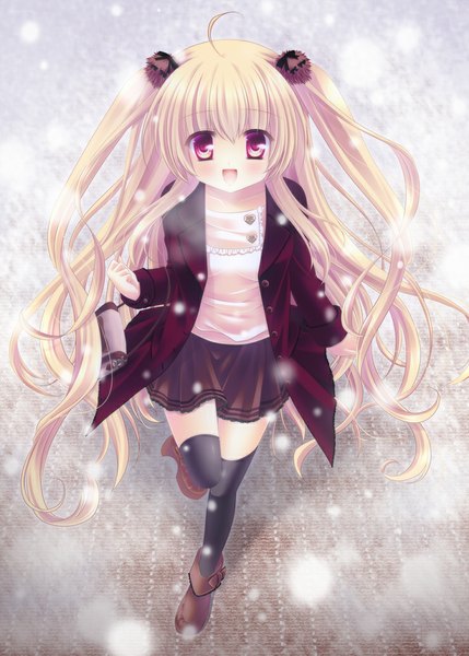 Anime picture 740x1035 with original mizuki yuuma single long hair tall image blush open mouth blonde hair red eyes loli two side up girl thighhighs skirt hair ornament black thighhighs jacket bag
