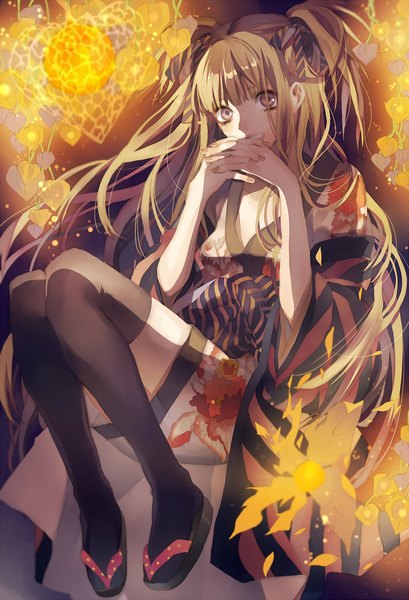 Anime picture 683x1002 with original tsukioka tsukiho single long hair tall image looking at viewer fringe blonde hair brown eyes two side up hands clasped interlocked fingers autumn girl thighhighs flower (flowers) ribbon (ribbons) black thighhighs hair ribbon short kimono