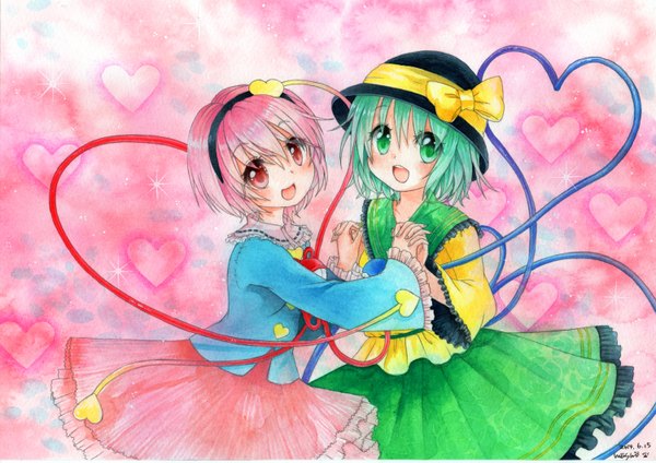 Anime picture 1500x1061 with touhou komeiji koishi komeiji satori mosho looking at viewer blush short hair open mouth red eyes multiple girls green eyes signed pink hair green hair holding hands pink background siblings sisters traditional media watercolor (medium)