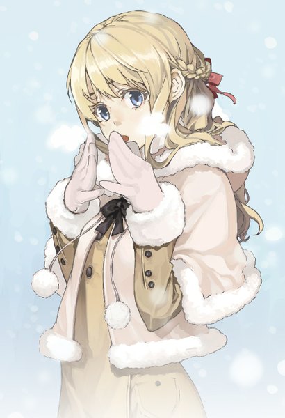 Anime picture 862x1259 with original murasaki hisato single long hair tall image looking at viewer open mouth blue eyes blonde hair braid (braids) fur trim snowing half updo exhalation girl gloves hair ornament jacket fur coat