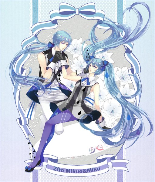 Anime picture 1791x2102 with vocaloid hatsune miku hatsune mikuo zukiyuki long hair tall image highres twintails tail aqua eyes aqua hair couple holding hands girl dress boy gloves