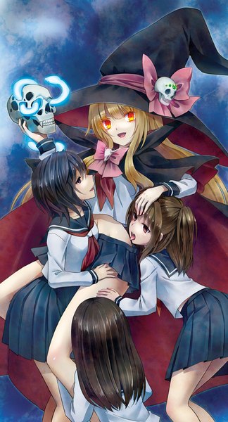 Anime picture 540x1000 with original yuu (derodero) long hair tall image short hair open mouth black hair blonde hair red eyes multiple girls brown eyes black eyes shoujo ai witch girl skirt uniform bow school uniform serafuku