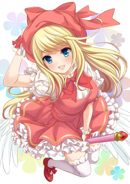 Anime picture 800x1135 with card captor sakura girlfriend (kari) clamp chloe lemaire nya go yama single long hair tall image looking at viewer blush fringe open mouth blue eyes blonde hair smile hand on head kinomoto sakura (cosplay) girl thighhighs skirt