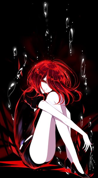 Anime picture 2200x4000 with houseki no kuni cinnabar (houseki no kuni) sheya single tall image looking at viewer fringe highres short hair red eyes sitting red hair nail polish parted lips hair over one eye bare legs sparkle short sleeves puffy sleeves black background