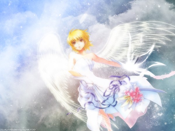 Anime picture 1280x960 with mobile suit gundam gundam seed destiny gundam seed sunrise (studio) cagalli yula athha short hair blonde hair pink eyes wallpaper angel wings running girl dress gloves ribbon (ribbons) bouquet wedding dress bride