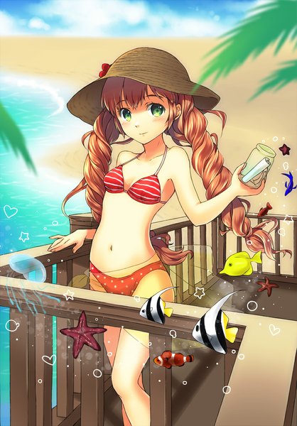 Anime picture 697x1000 with original unya (unya-unya) single long hair tall image looking at viewer blush twintails green eyes orange hair beach drill hair girl swimsuit hat bikini fish (fishes)
