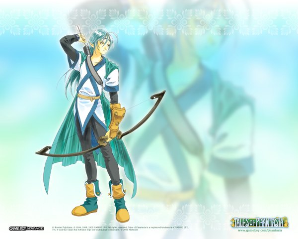 Anime picture 1280x1024 with tales of (series) tales of phantasia chester barklight full body aqua hair wallpaper boy boots cloak bow (weapon)