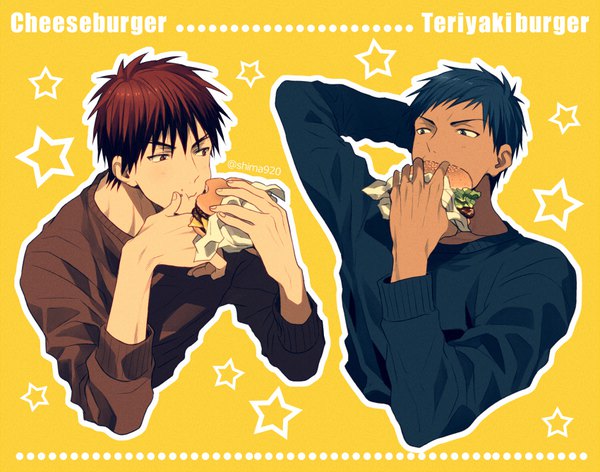 Anime picture 850x670 with kuroko no basket production i.g aomine daiki kagami taiga mashima shima short hair simple background red eyes signed blue hair looking away upper body red hair multiple boys dark skin arm behind head eating yellow background boy star (symbol)