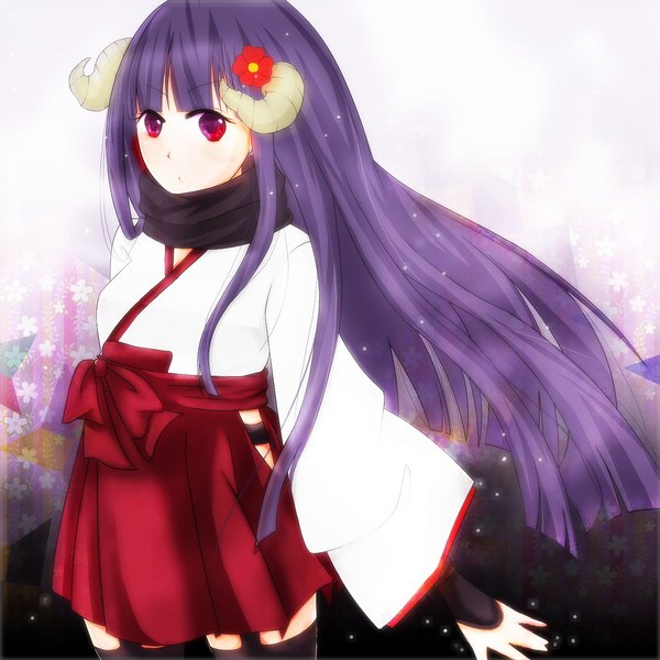Anime picture 1500x1500 with inu x boku ss david production shirakiin ririchiyo single long hair red eyes purple hair traditional clothes japanese clothes hair flower horn (horns) girl thighhighs hair ornament black thighhighs scarf