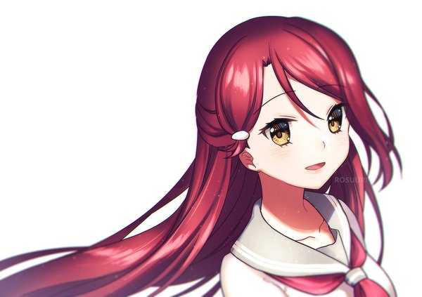 Anime picture 1000x705 with love live! sunshine!! sunrise (studio) love live! sakurauchi riko rosuuri single long hair looking at viewer blush open mouth simple background smile white background brown eyes signed red hair blurry floating hair portrait half updo
