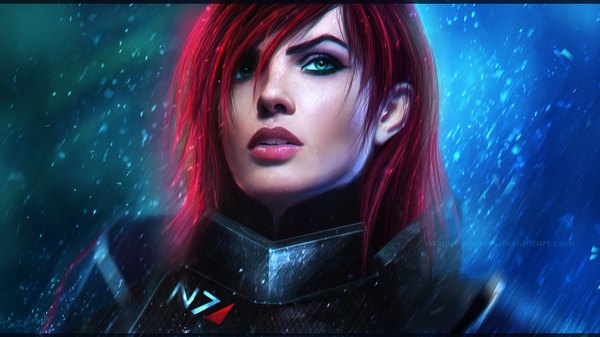 Anime picture 1920x1080 with mass effect commander shepard magicnaanavi single long hair highres open mouth wide image green eyes signed red hair parted lips lips realistic teeth close-up rain face girl armor
