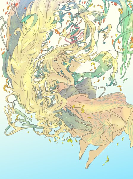 Anime picture 1480x1980 with miyama fugin long hair tall image simple background blonde hair white background green eyes sky nail polish japanese clothes barefoot aqua eyes green hair wind aqua hair tears flying girl dress bow
