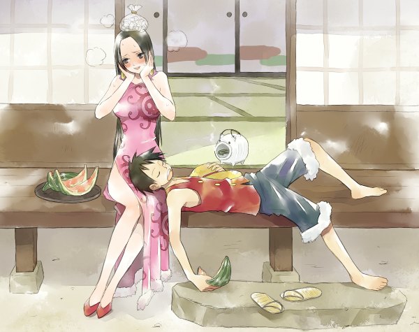 Anime picture 1200x950 with one piece toei animation monkey d. luffy boa hancock cocotri (artist) long hair blush short hair open mouth blue eyes black hair smile holding looking away eyes closed traditional clothes japanese clothes barefoot high heels couple