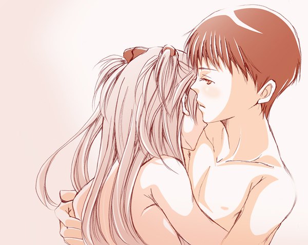 Anime picture 800x637 with neon genesis evangelion gainax soryu asuka langley ikari shinji amelie long hair blush short hair breasts light erotic brown hair brown eyes pink hair upper body nude two side up couple hug monochrome short twintails